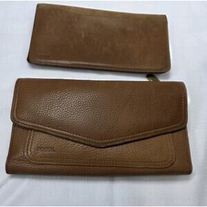Vintage Fossil Leather Trifold Wallet Camel Brown With Checkbook Cover Slim